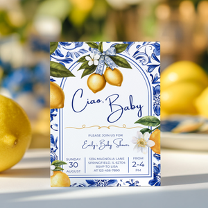 Baby Shower Invitation - Mediterranean Lemons Ciao Baby Citrus Blue Tiles BS102