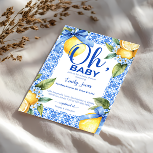 Baby Shower Invitation - Lemon Blue Mediterranean Tiles BS103