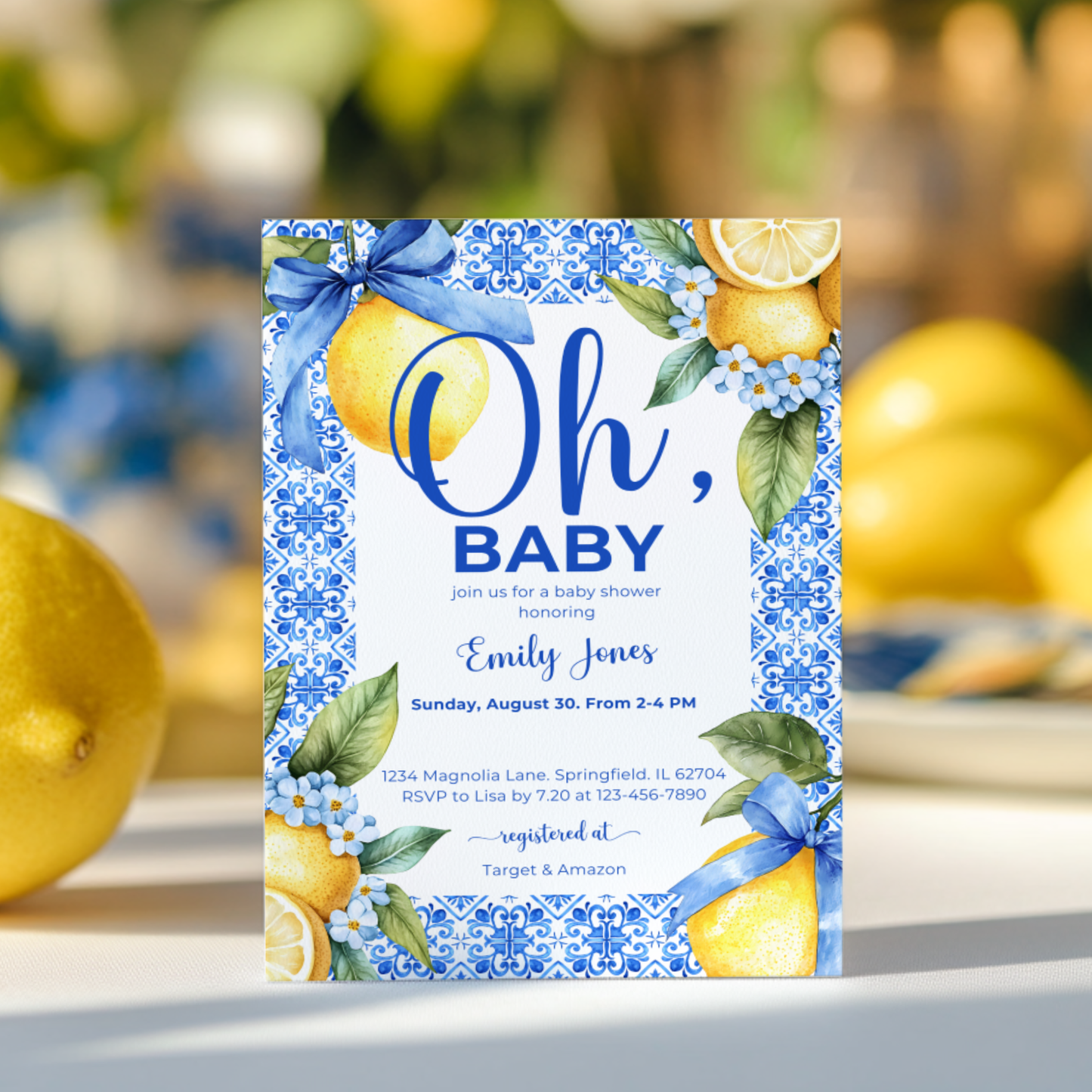 Baby Shower Invitation - Lemon Blue Mediterranean Tiles BS103