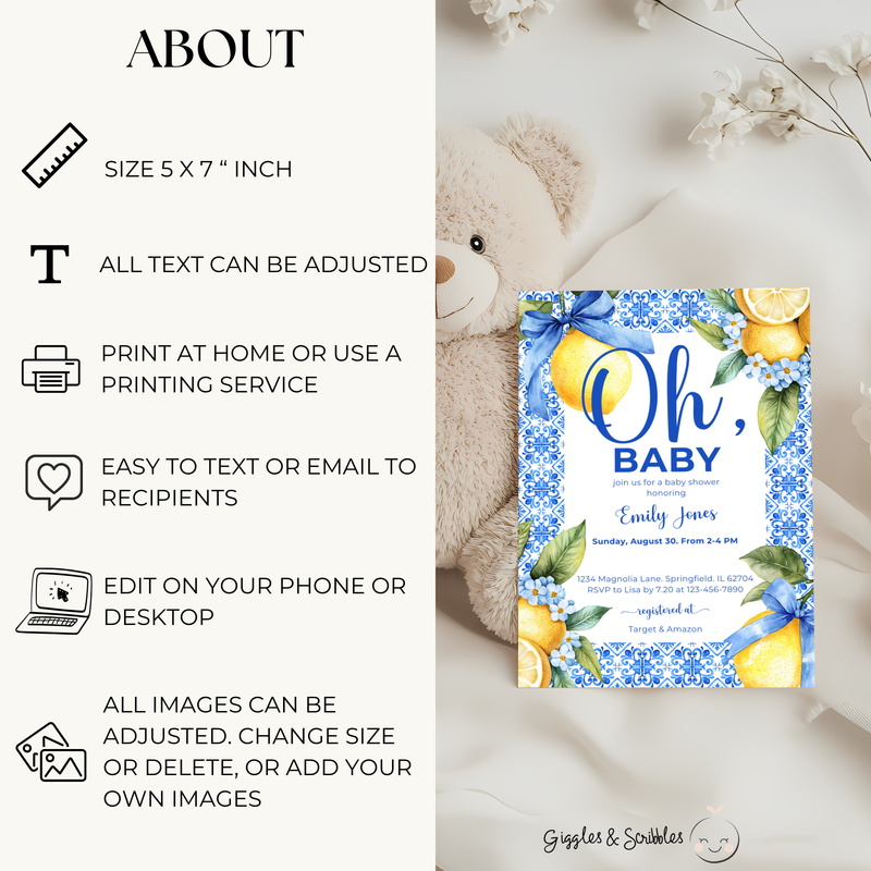 Baby Shower Invitation - Lemon Blue Mediterranean Tiles BS103
