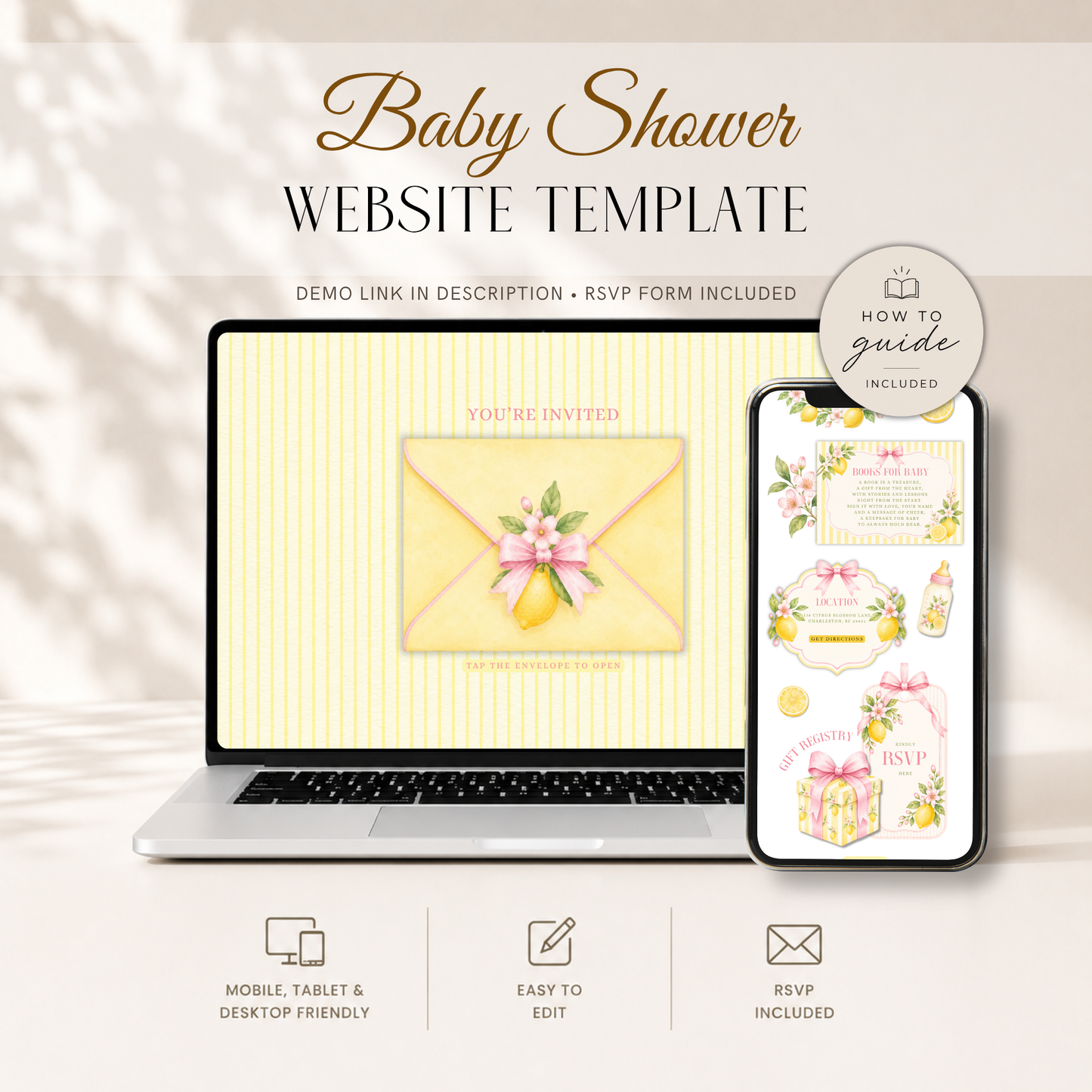 Pink Lemon Baby Shower Website Invitation with RSVP BS314