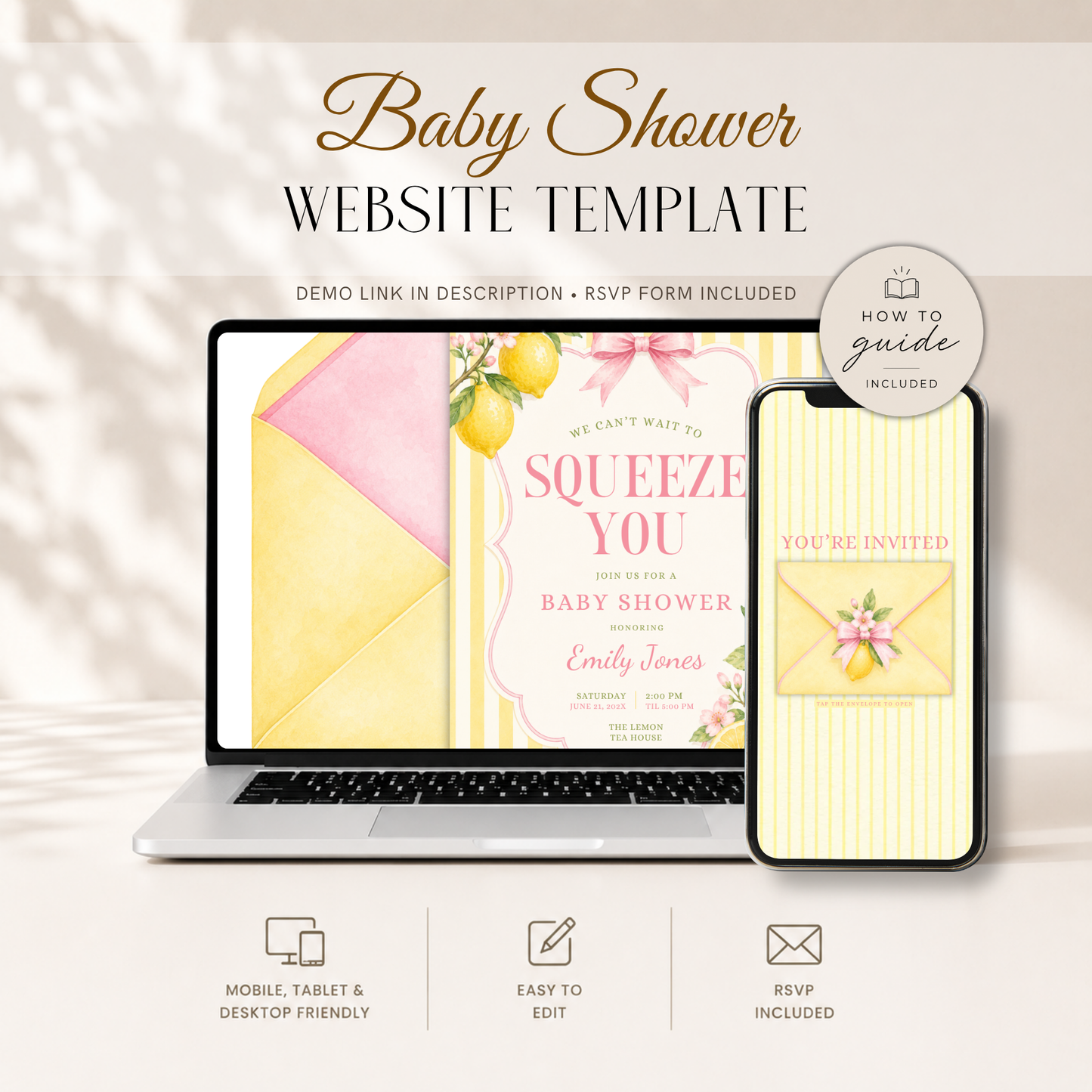Pink Lemon Baby Shower Website Invitation with RSVP BS314