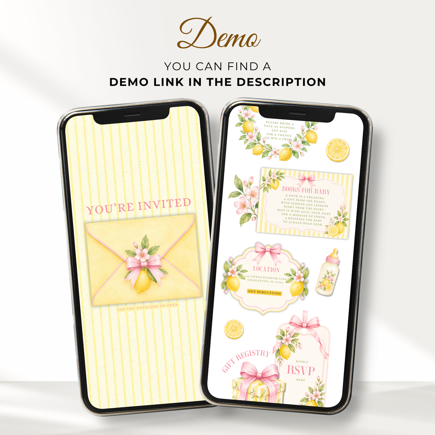 Pink Lemon Baby Shower Website Invitation with RSVP BS314