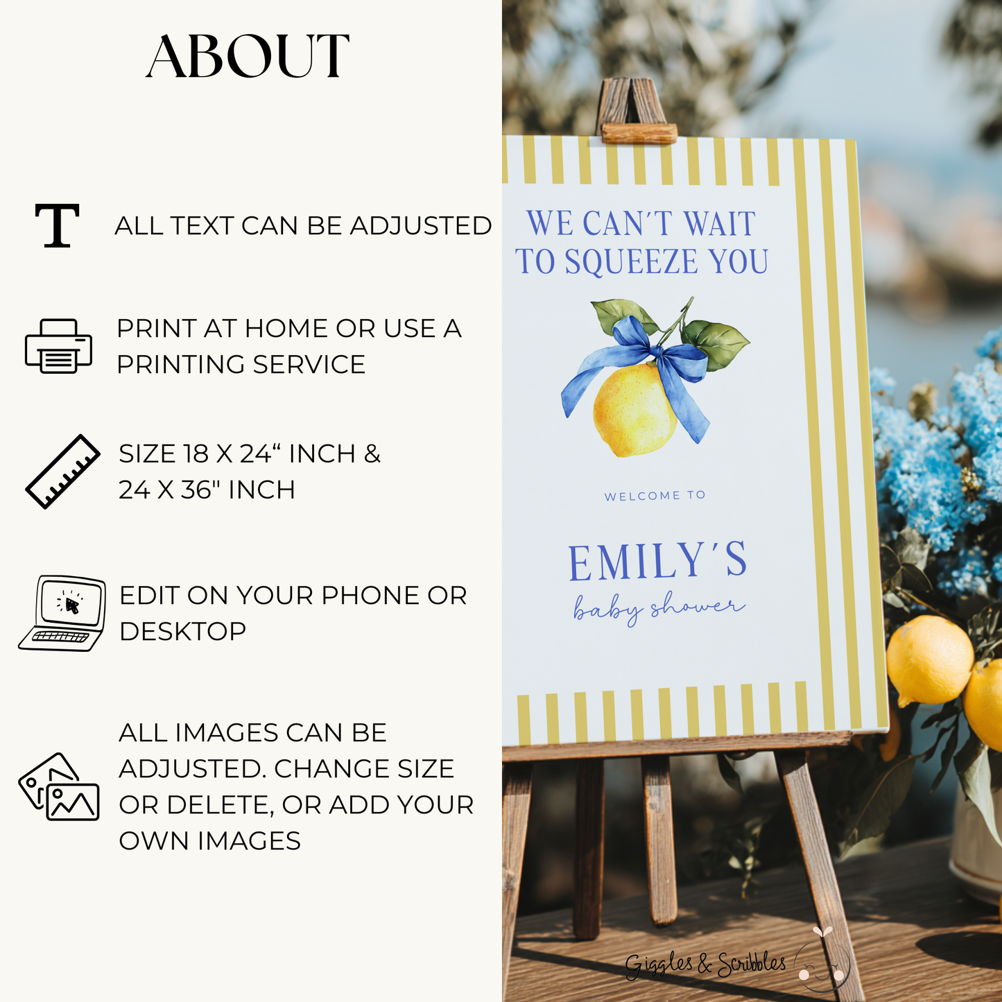 Lemon Baby Shower Welcome Sign - We Can't Wait To Squeeze You BS215