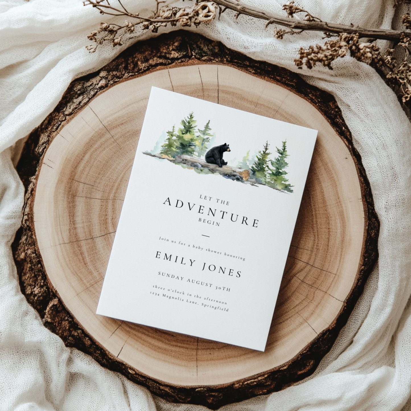 Baby Shower Invitation - Let The Adventure Begin Woodland Bear BS197
