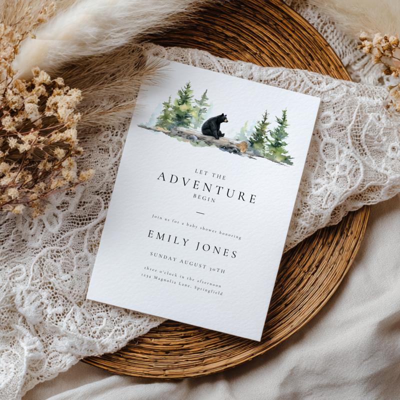 Baby Shower Invitation - Let The Adventure Begin Woodland Bear BS197