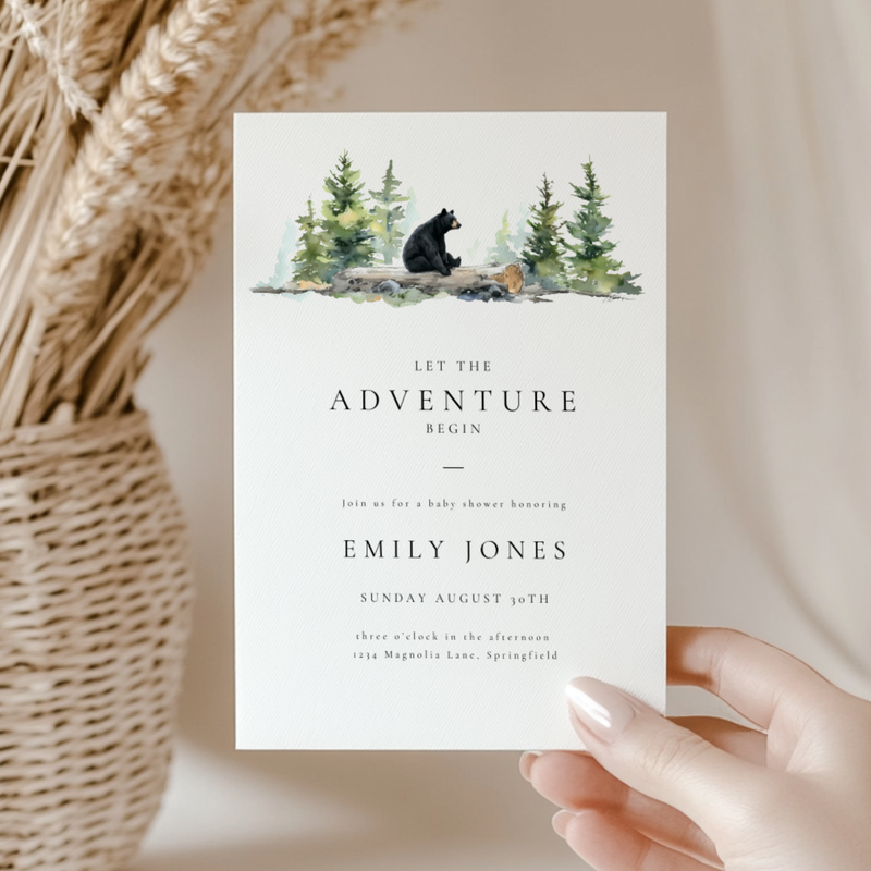 Baby Shower Invitation - Let The Adventure Begin Woodland Bear BS197
