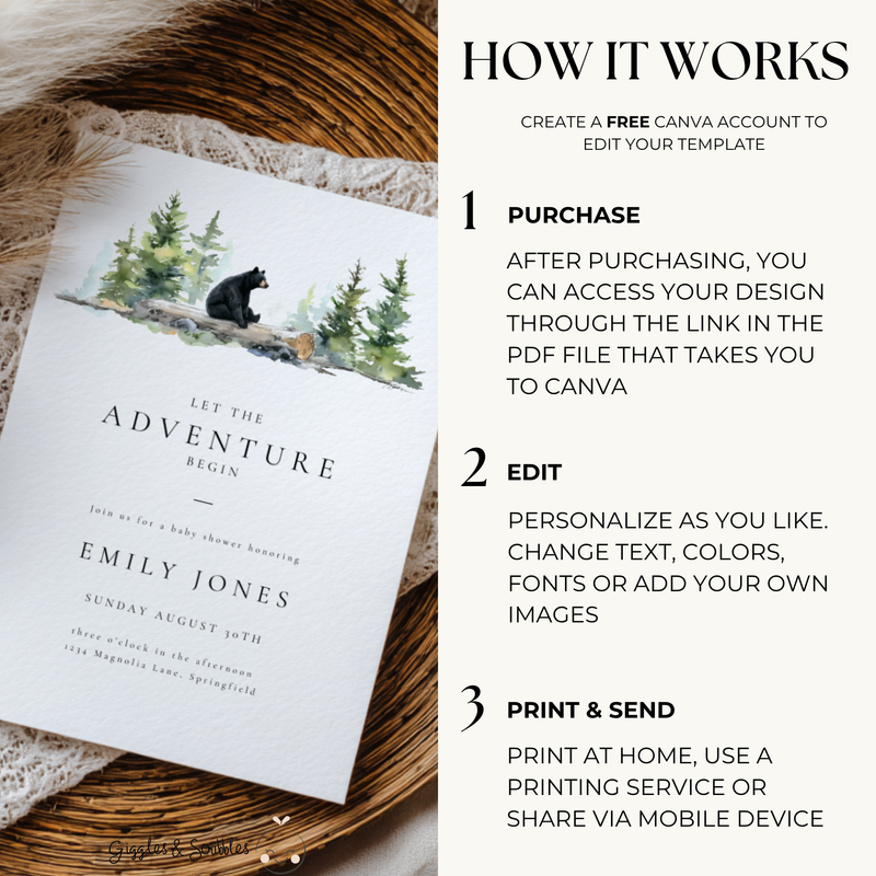 Baby Shower Invitation - Let The Adventure Begin Woodland Bear BS197