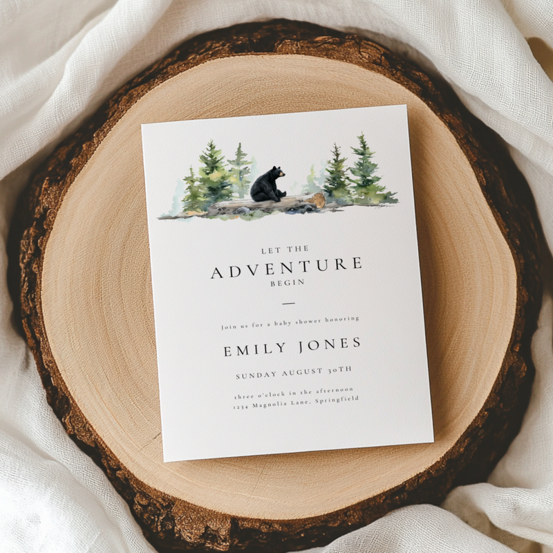 Baby Shower Invitation - Let The Adventure Begin Woodland Bear BS197