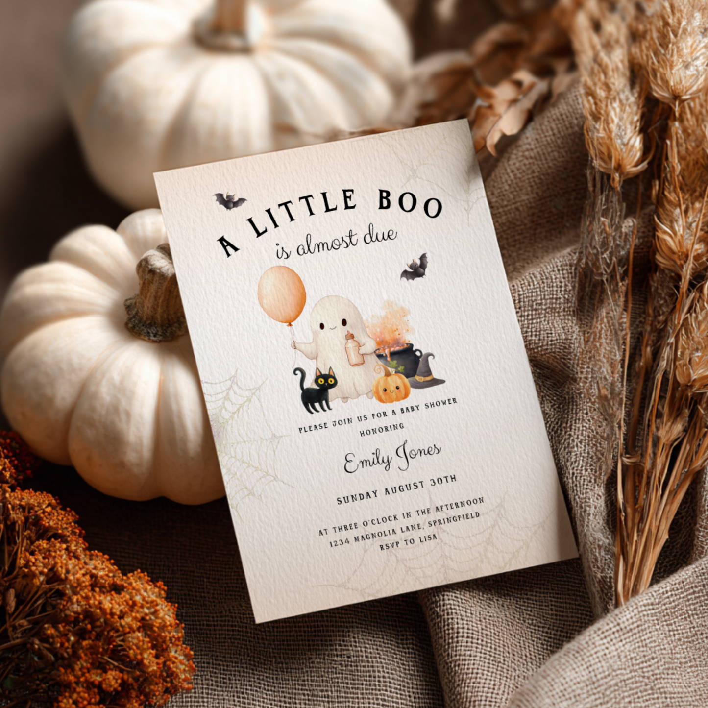 Baby Shower Invitation - Halloween Little Boo is Almost Due Orange BS190