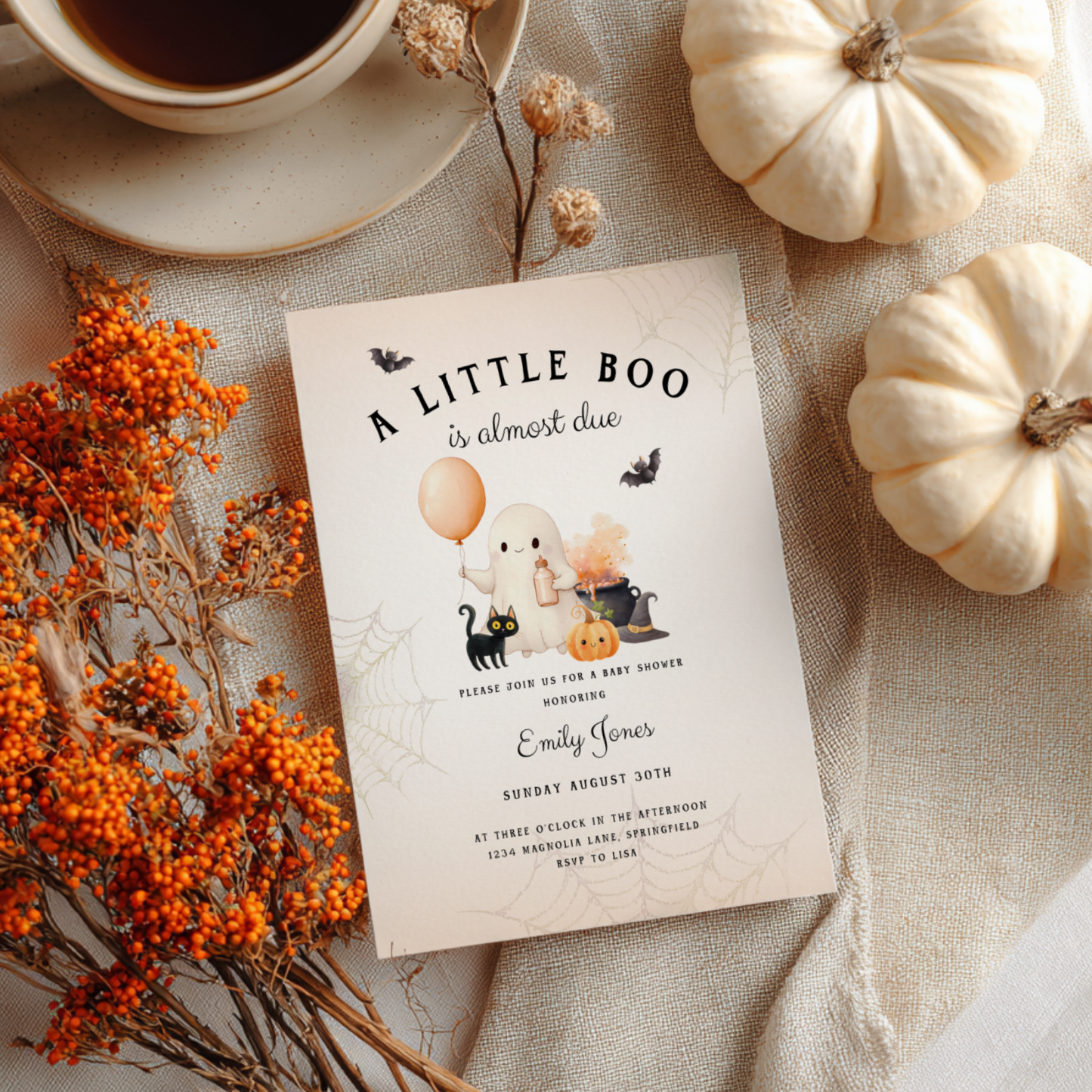 Baby Shower Invitation - Halloween Little Boo is Almost Due Orange BS190