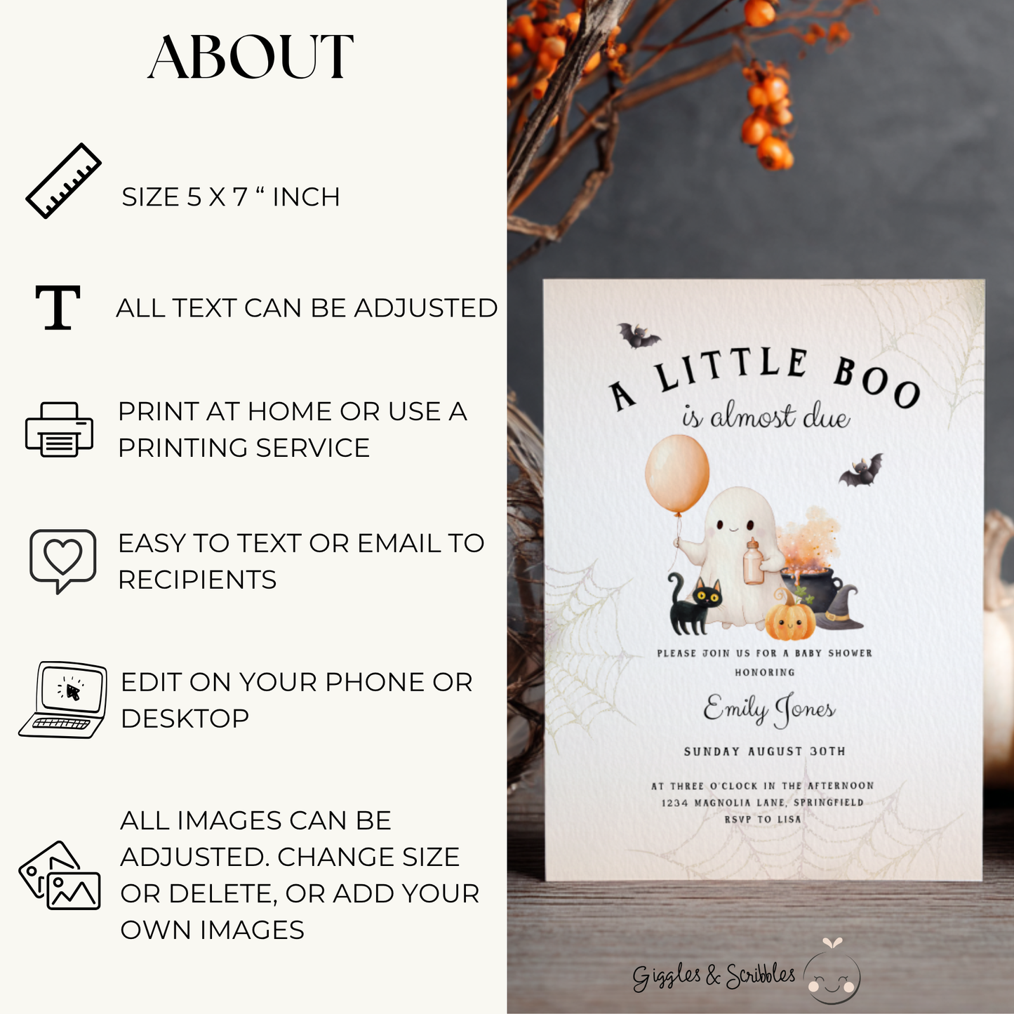 Baby Shower Invitation - Halloween Little Boo is Almost Due Orange BS190