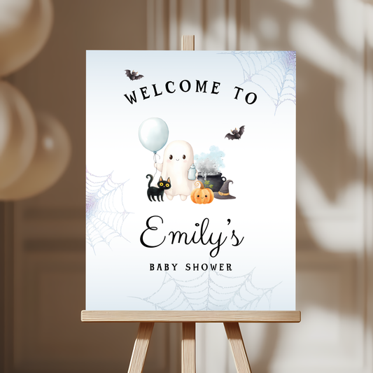 Baby Shower Welcome Sign - Blue Little Boo Halloween Ghost BS190
