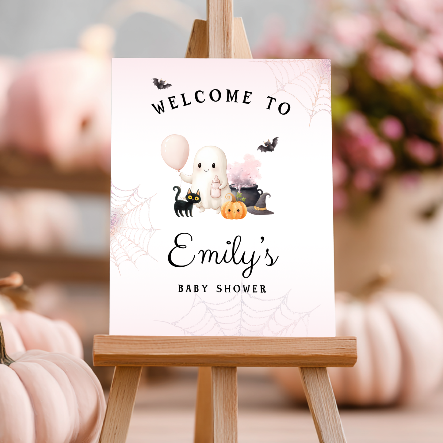 Baby Shower Welcome Sign - Pink Halloween Little Boo with Cute Ghost BS190