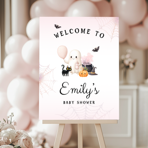 Baby Shower Welcome Sign - Pink Halloween Little Boo with Cute Ghost BS190
