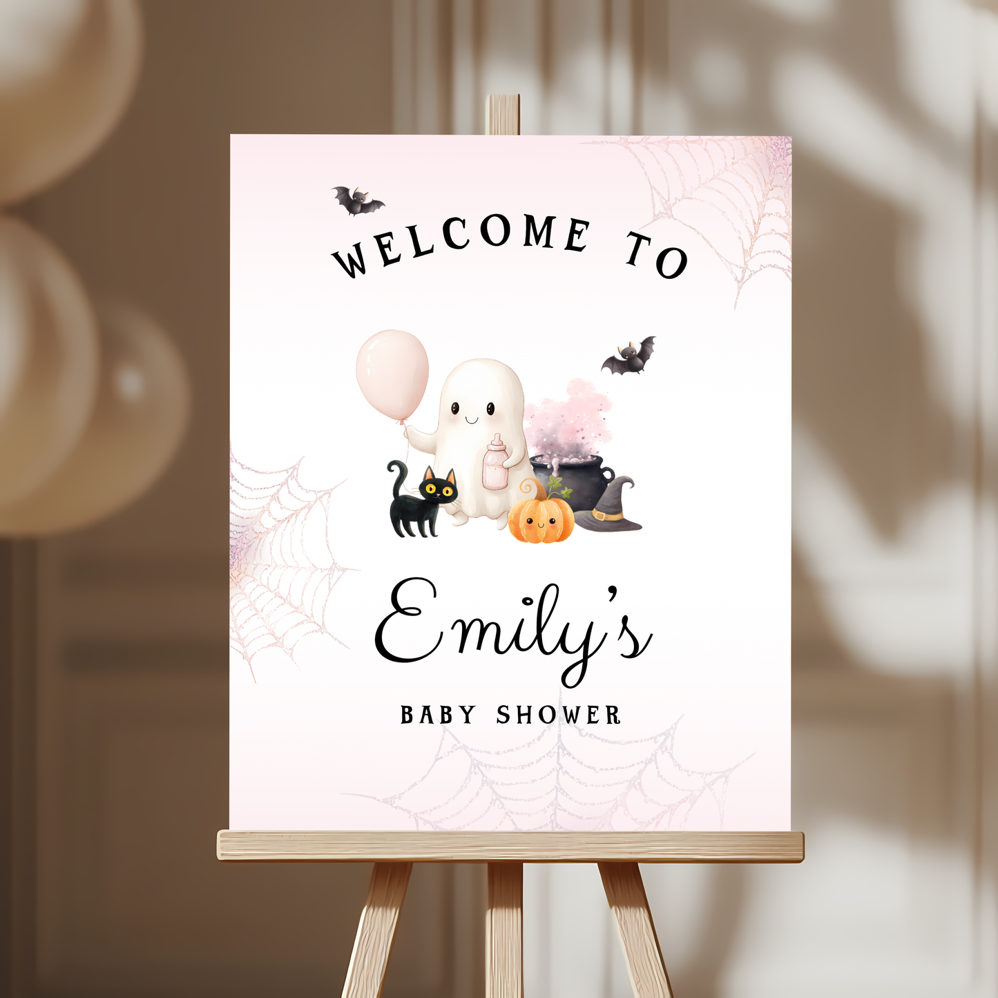 Baby Shower Welcome Sign - Pink Halloween Little Boo with Cute Ghost BS190