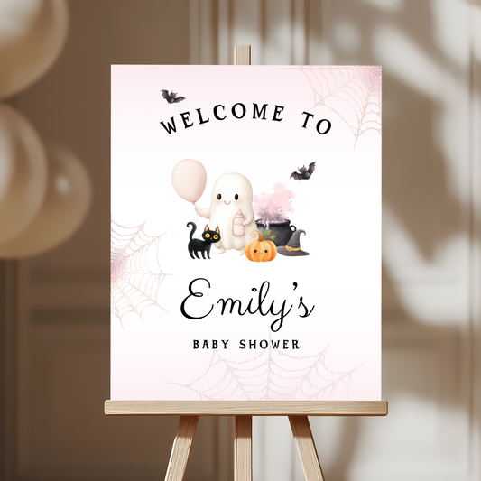Baby Shower Welcome Sign - Pink Halloween Little Boo with Cute Ghost BS190