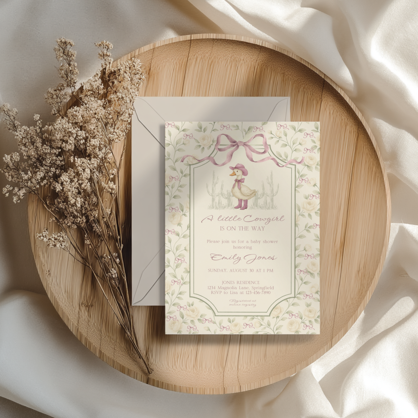 Baby Shower Invitation - Vintage Little Cowgirl Silly Goose Grandmillennial Coquette BS150