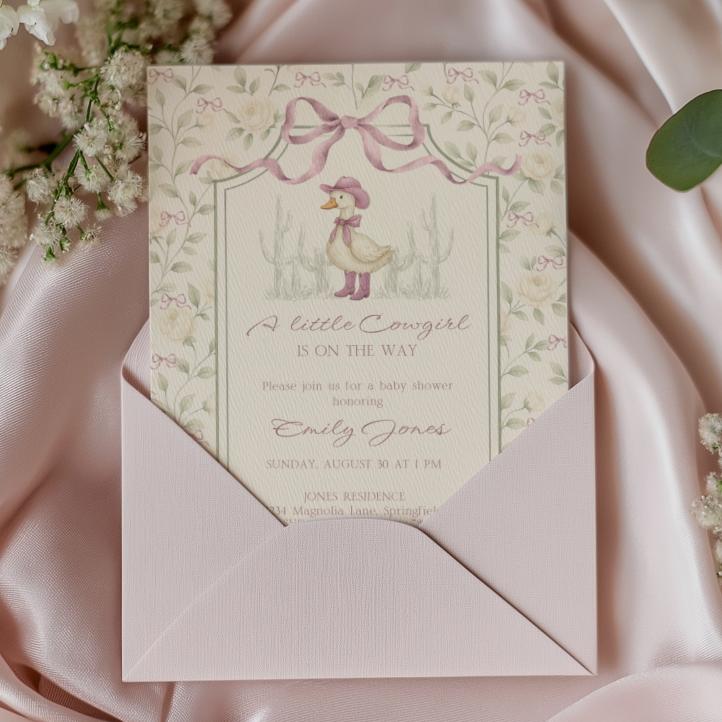 Baby Shower Invitation - Vintage Little Cowgirl Silly Goose Grandmillennial Coquette BS150