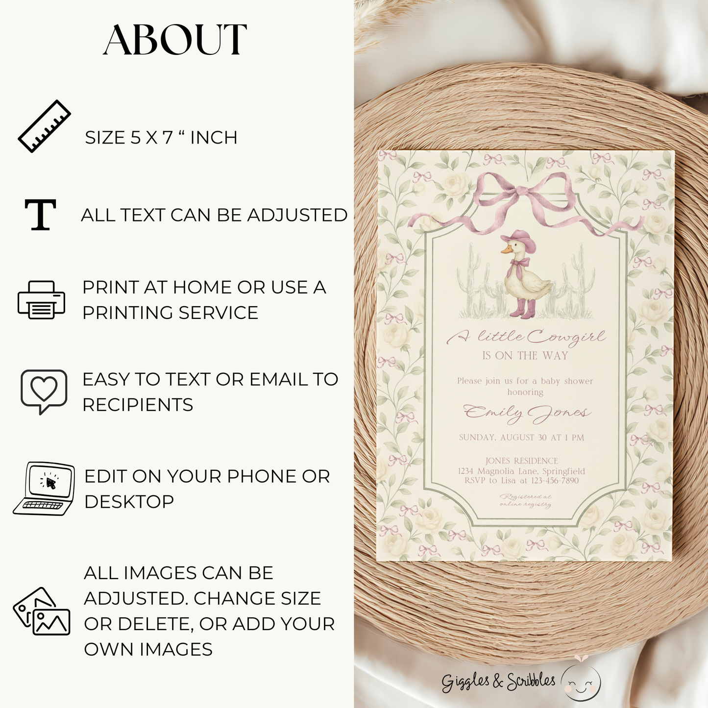 Baby Shower Invitation - Vintage Little Cowgirl Silly Goose Grandmillennial Coquette BS150