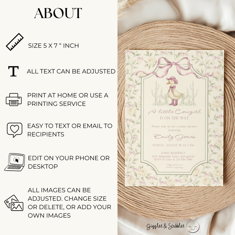 Baby Shower Invitation - Vintage Little Cowgirl Silly Goose Grandmillennial Coquette BS150