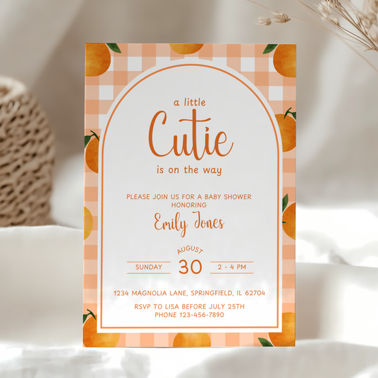 Baby Shower Invitation - Little Cutie Orange Citrus Gingham BS109