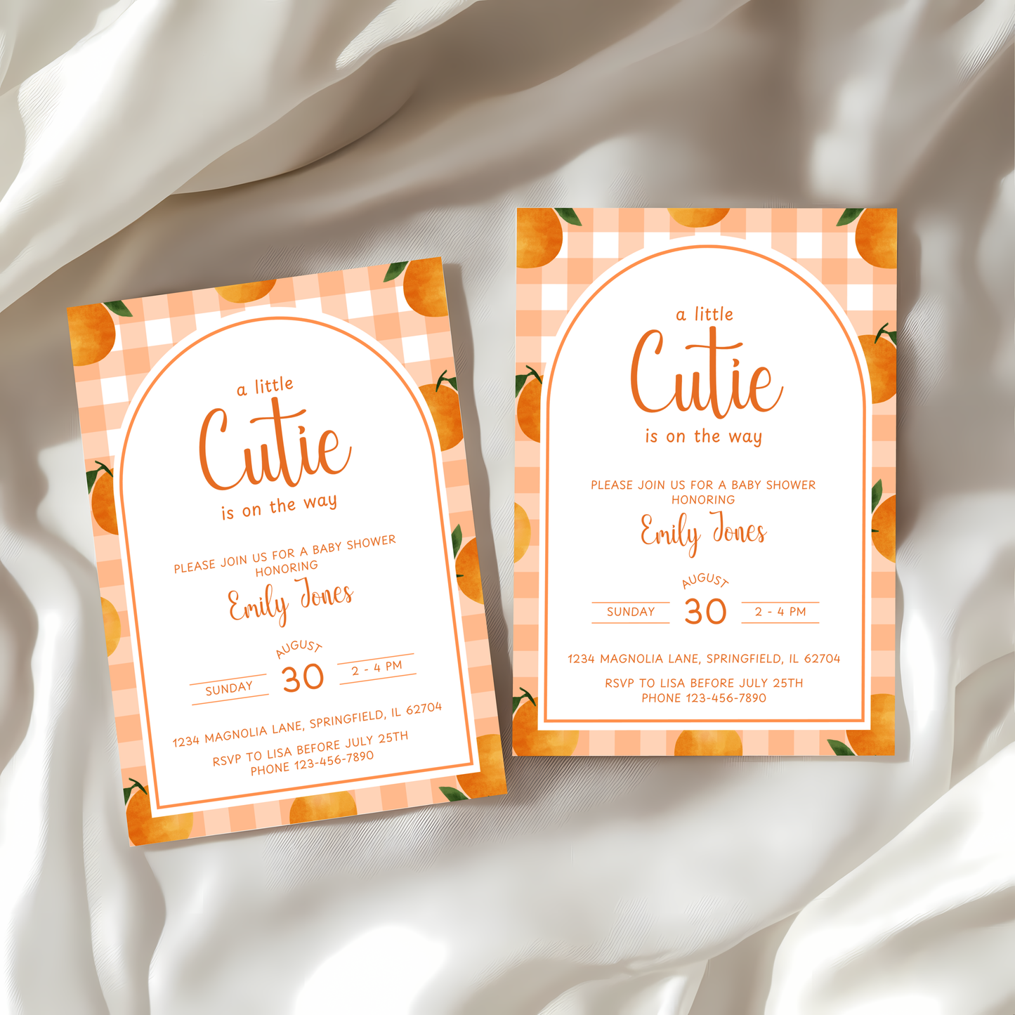 Baby Shower Invitation - Little Cutie Orange Citrus Gingham BS109