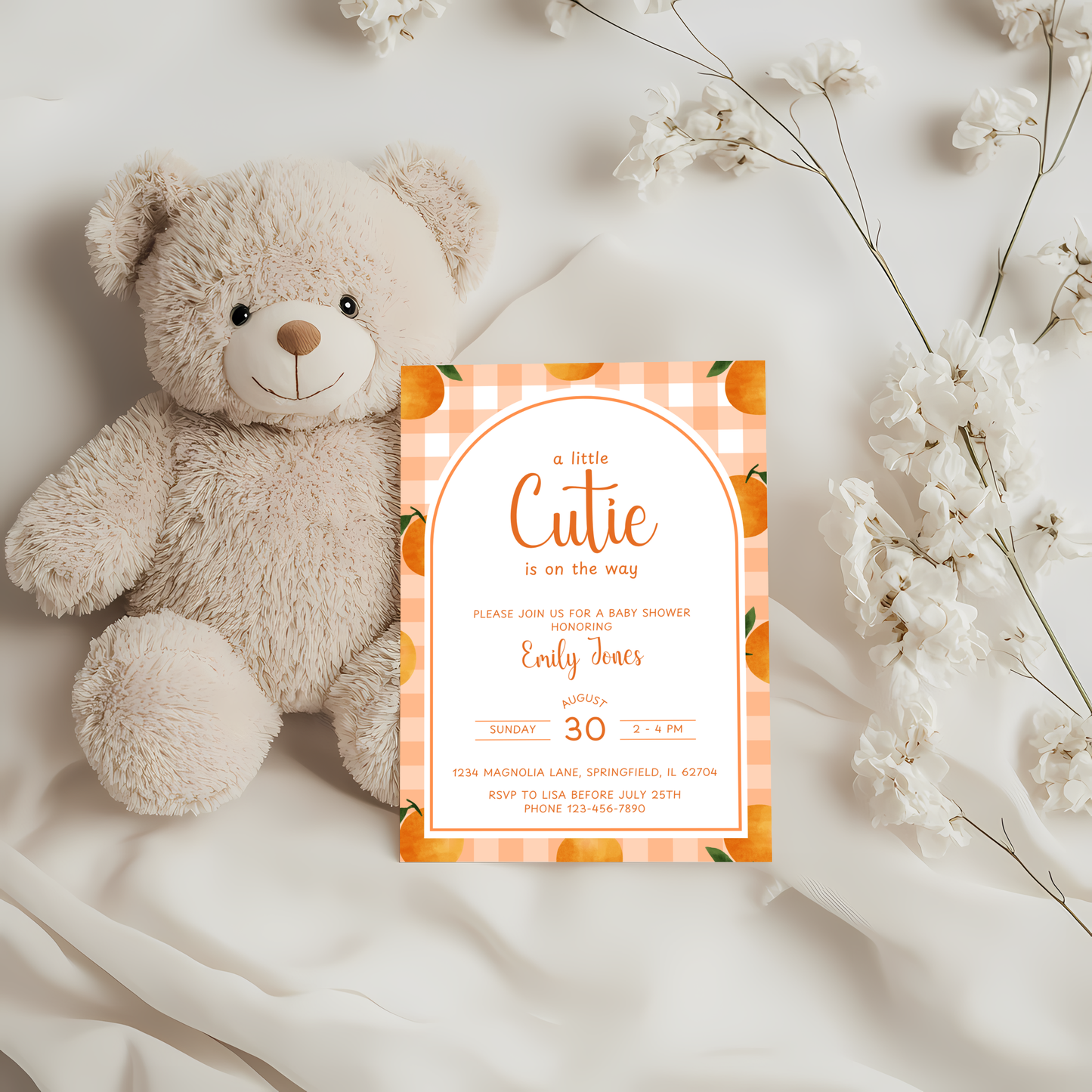 Baby Shower Invitation - Little Cutie Orange Citrus Gingham BS109