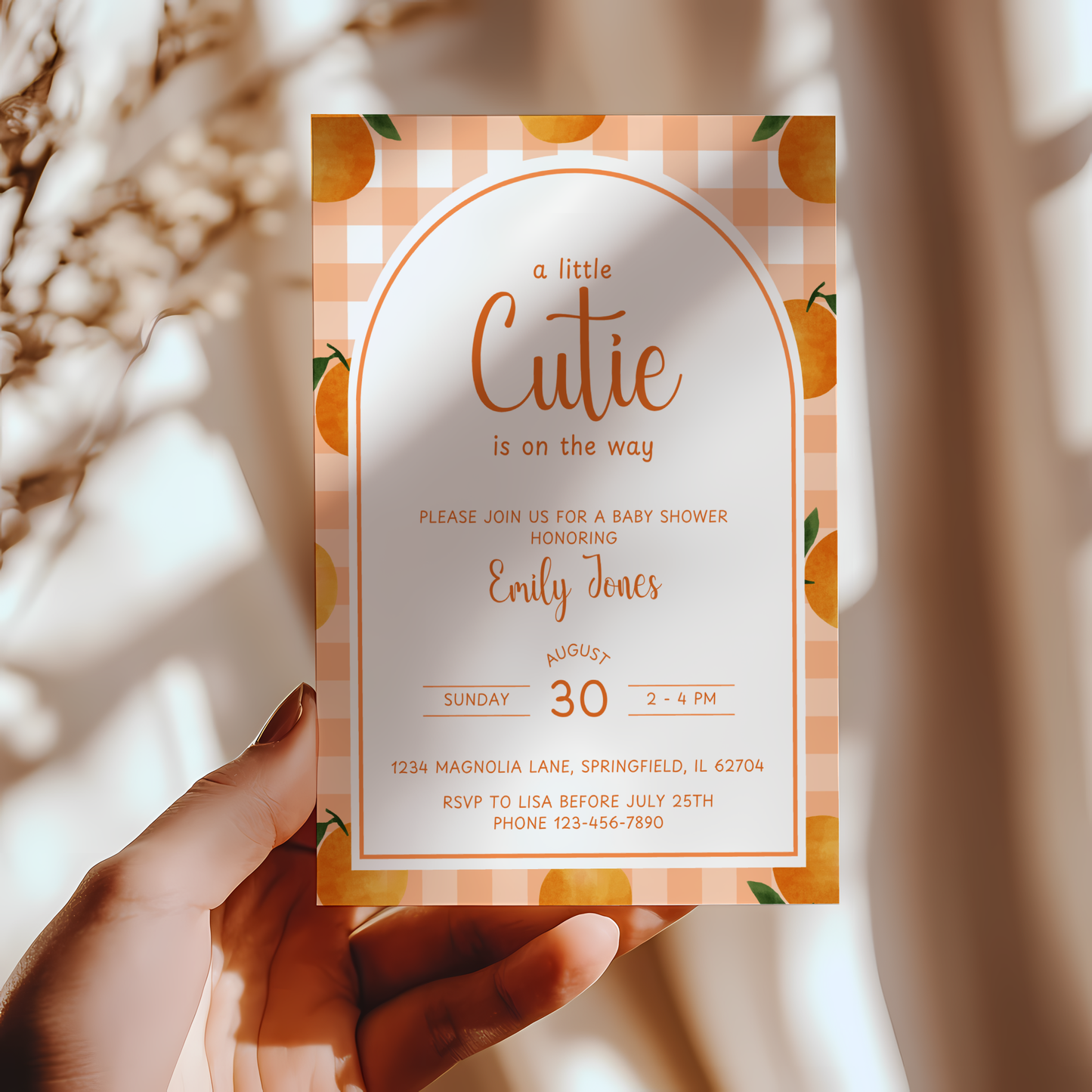 Baby Shower Invitation - Little Cutie Orange Citrus Gingham BS109