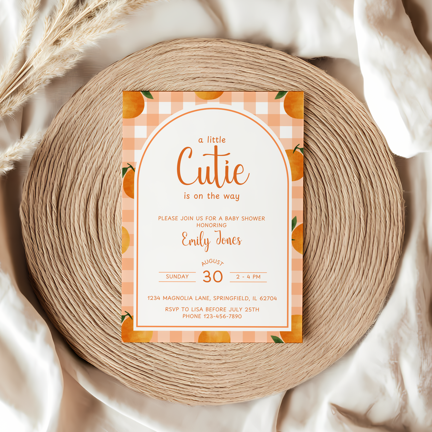 Baby Shower Invitation - Little Cutie Orange Citrus Gingham BS109