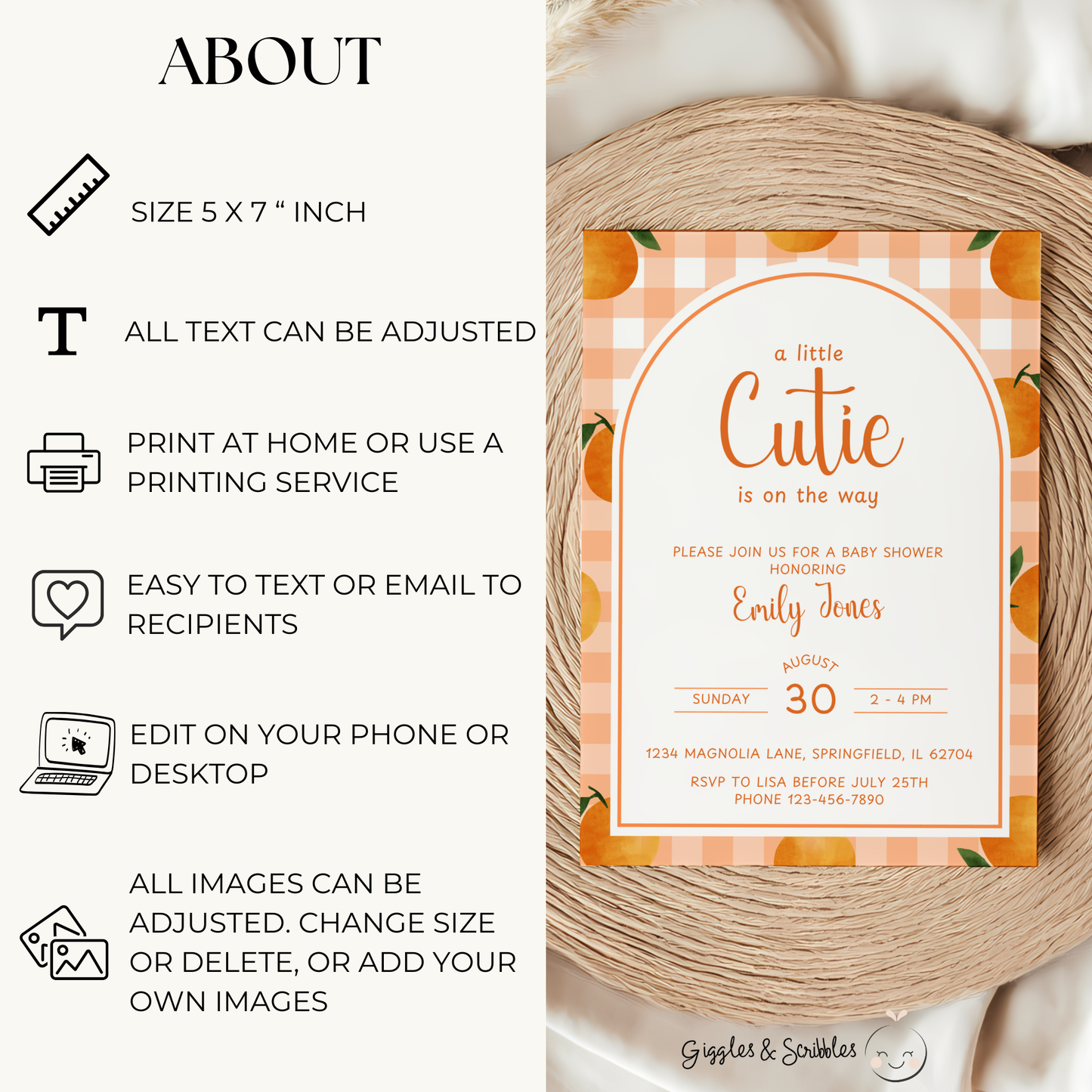 Baby Shower Invitation - Little Cutie Orange Citrus Gingham BS109