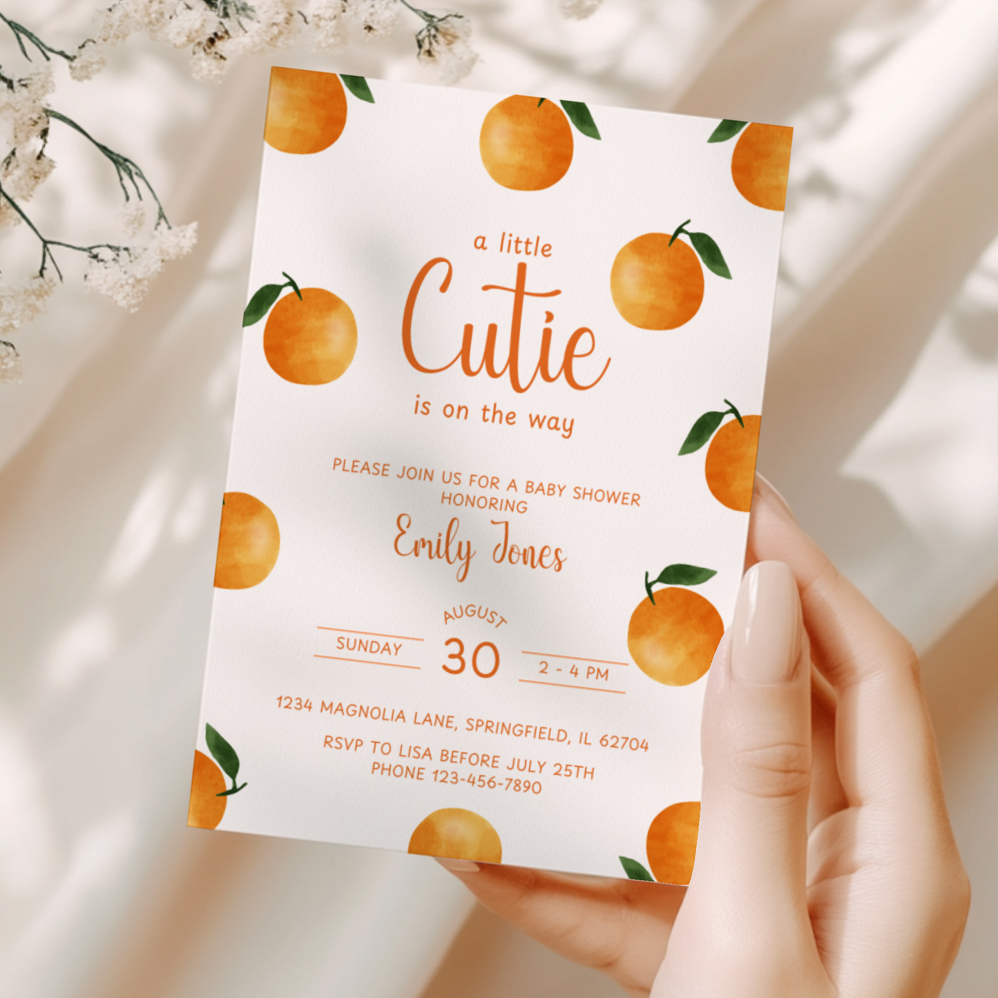 Baby Shower Invitation - Little Cutie Citrus Orange Fruit BS110
