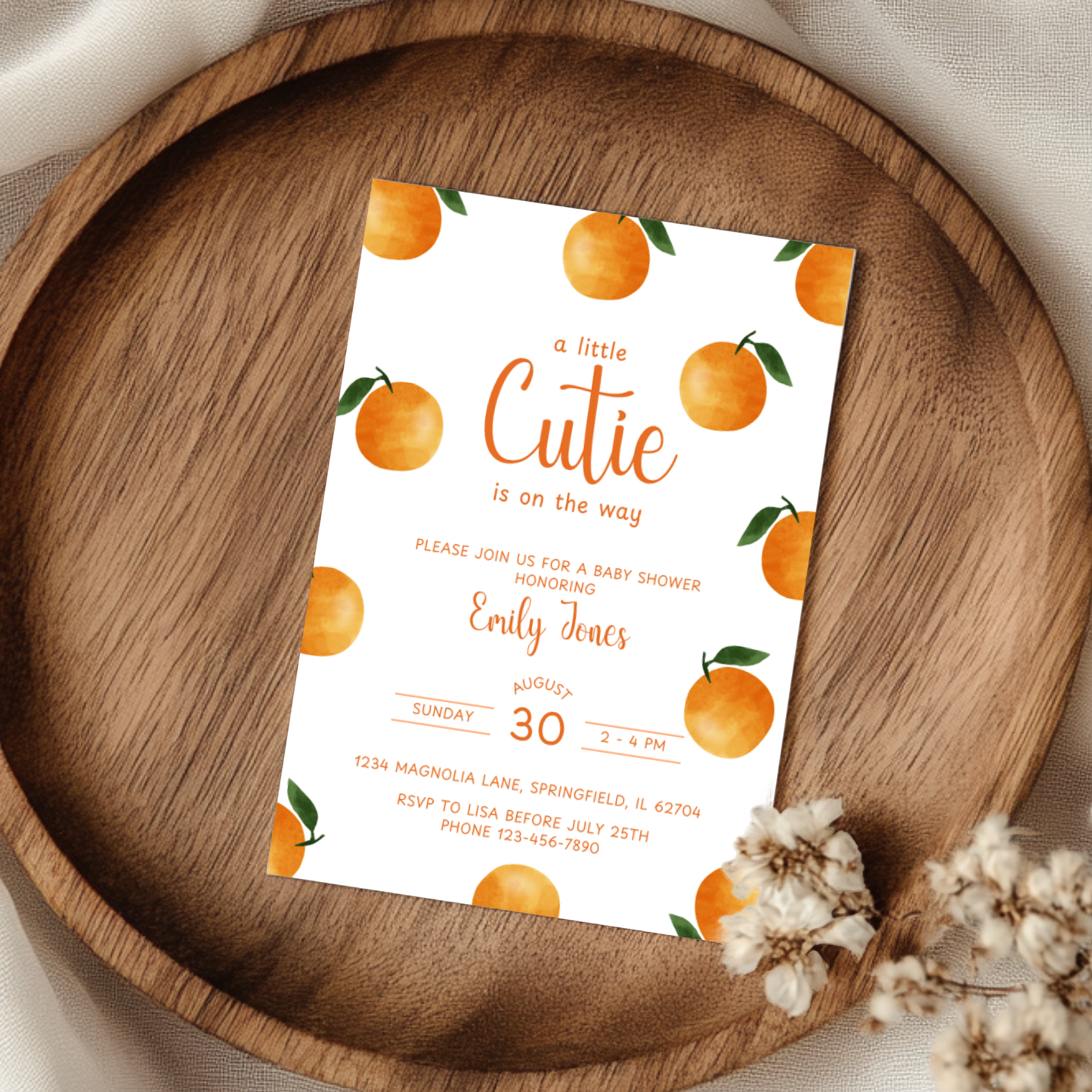 Baby Shower Invitation - Little Cutie Citrus Orange Fruit BS110
