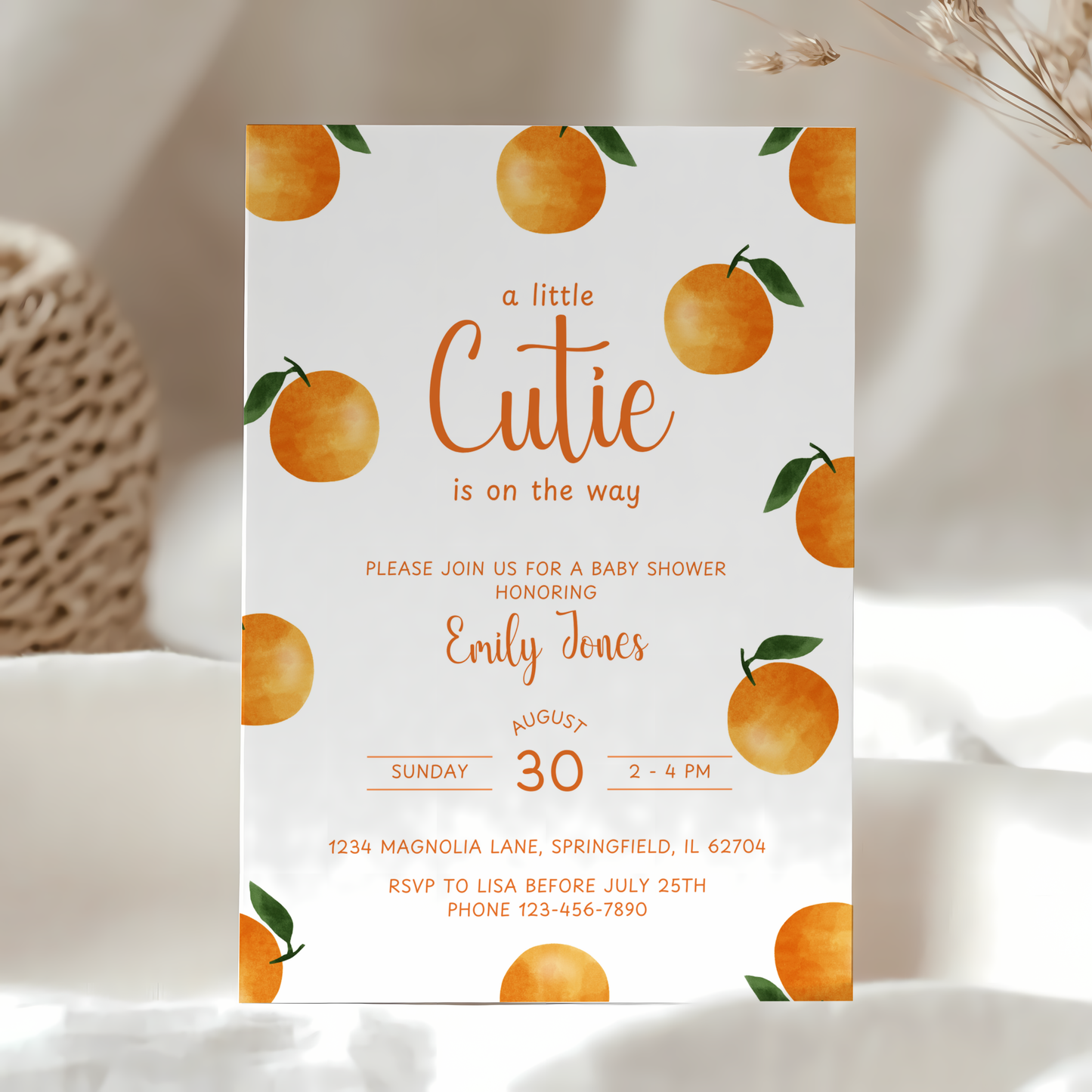 Baby Shower Invitation - Little Cutie Citrus Orange Fruit BS110