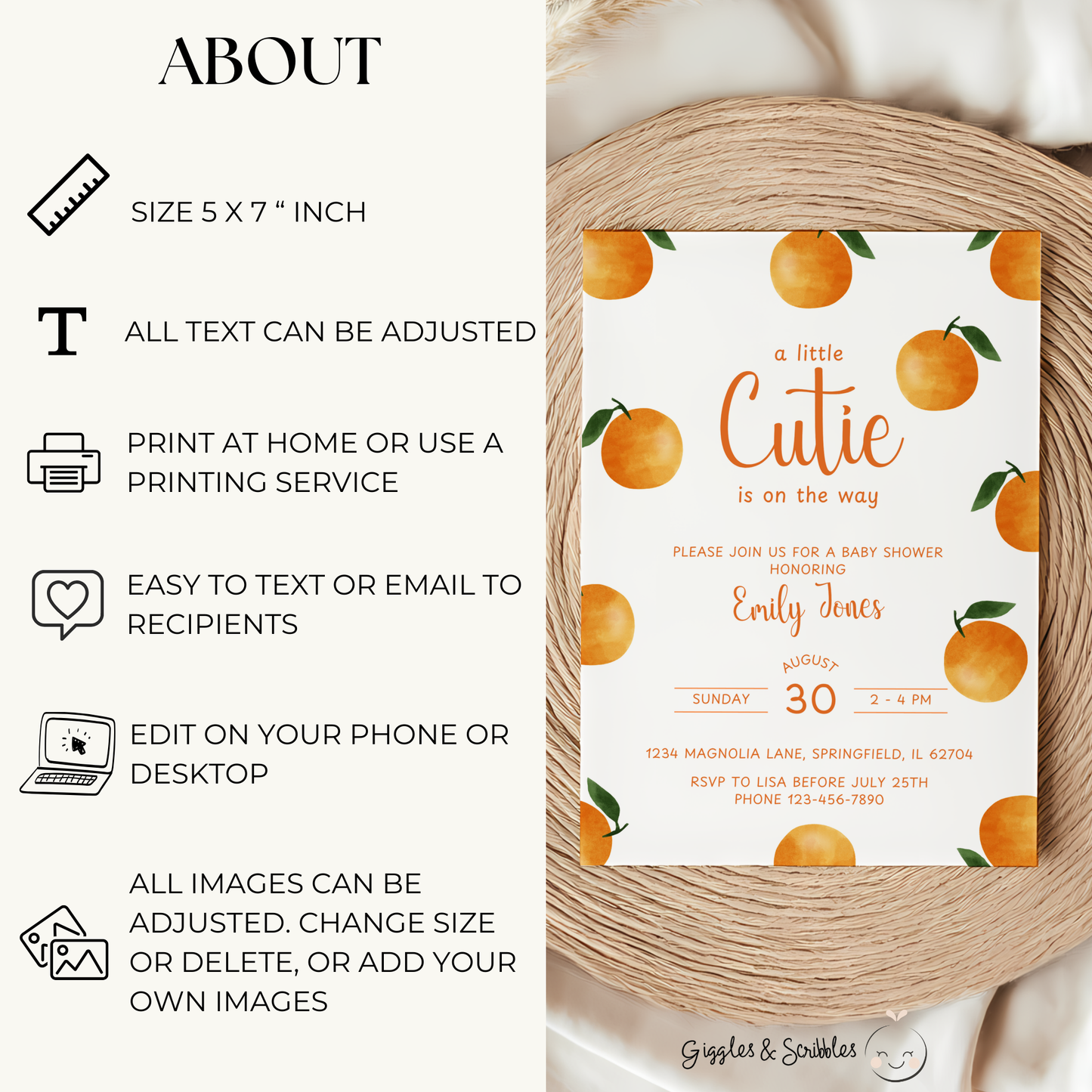Baby Shower Invitation - Little Cutie Citrus Orange Fruit BS110