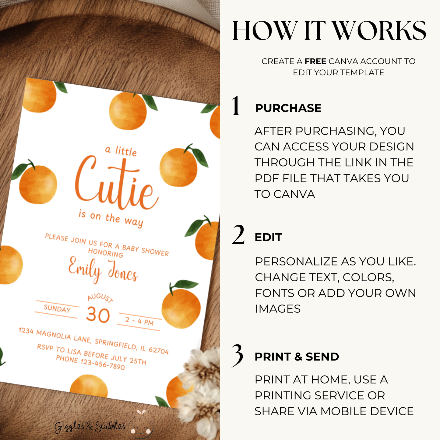 Baby Shower Invitation - Little Cutie Citrus Orange Fruit BS110
