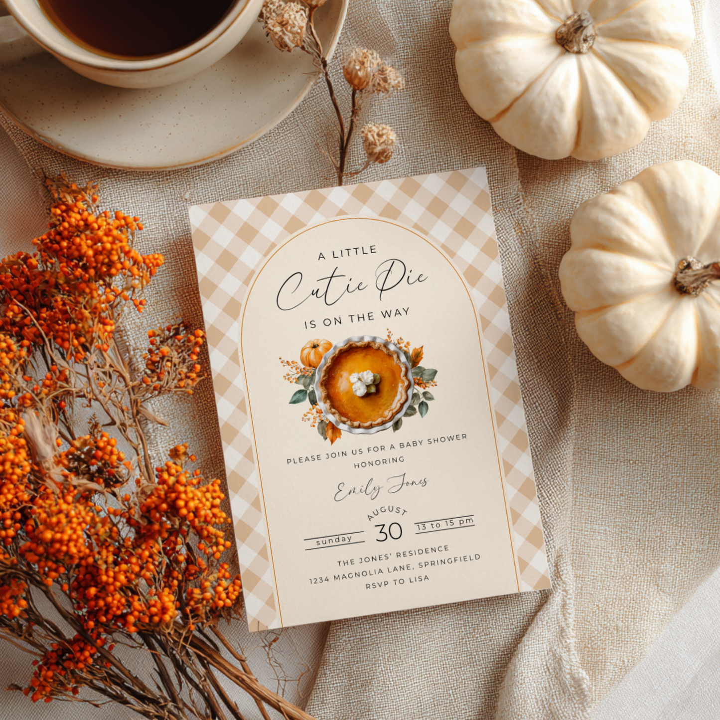 Baby Shower Invitation - A Little Cutie Pie Is On The Way Fall Pumpkin Pie BS207