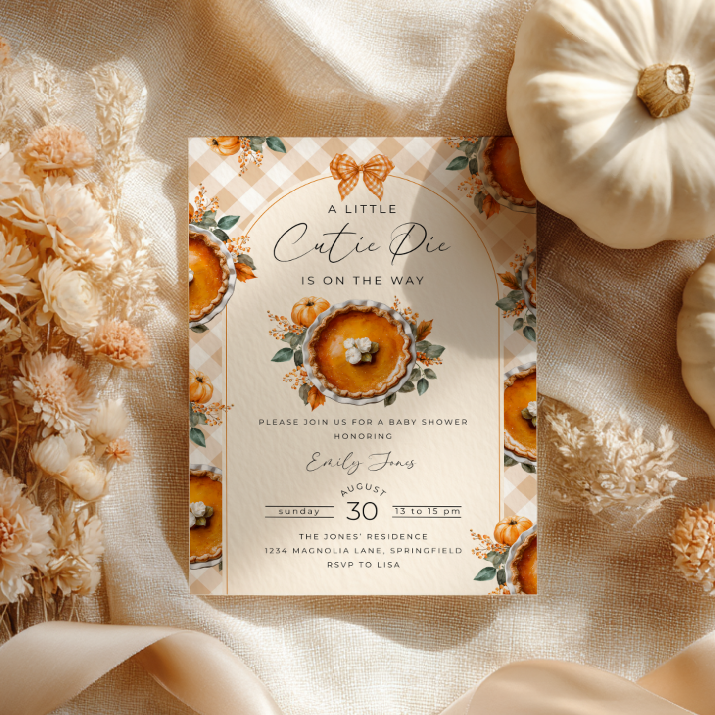 Baby Shower Invitation - Little Cutie Pie Gingham Pumpkin BS207