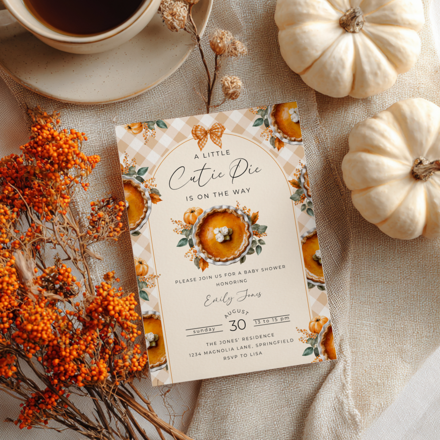Baby Shower Invitation - Little Cutie Pie Gingham Pumpkin BS207