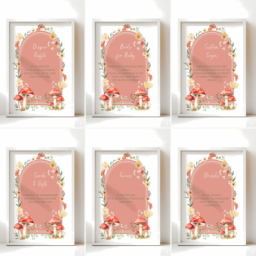 Baby Shower Table Sign Bundle - Red Mushroom Little Fungi Woodland Forest BS82