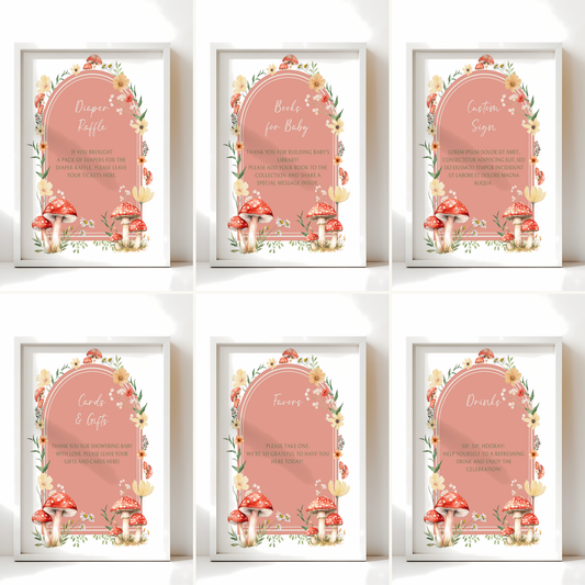 Baby Shower Table Sign Bundle - Red Mushroom Little Fungi Woodland Forest BS82