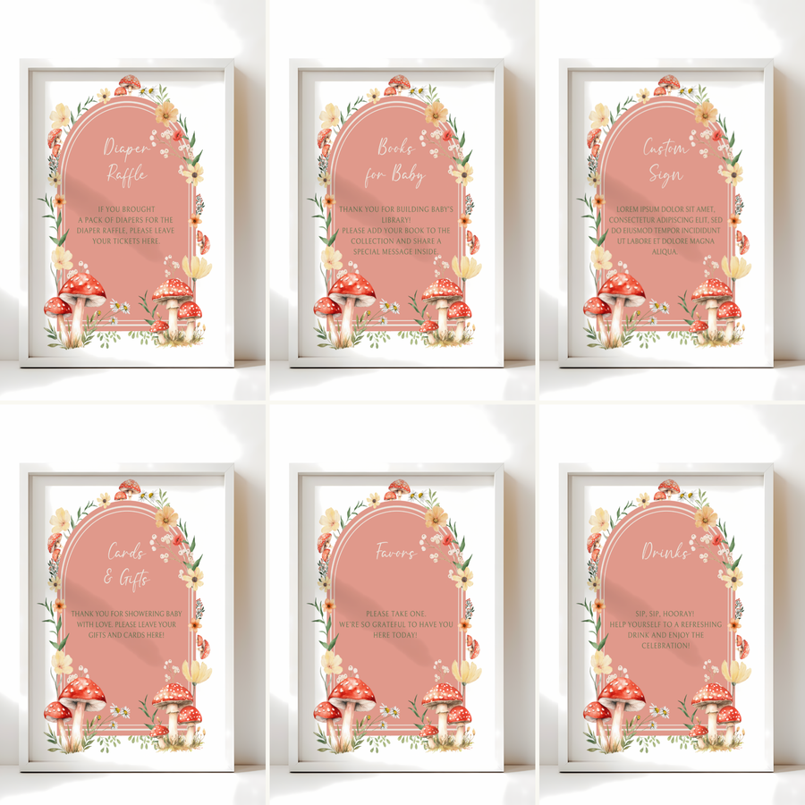 Baby Shower Table Sign Bundle - Red Mushroom Little Fungi Woodland Forest BS82