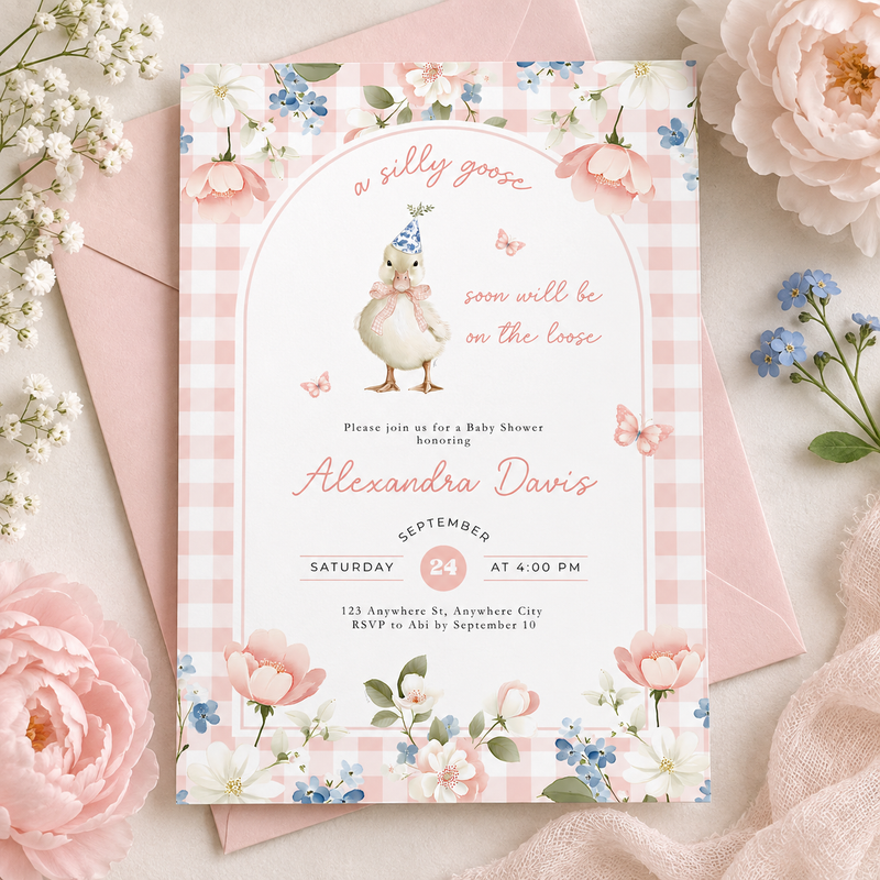 Pink Gingham Silly Goose Baby Shower Invitation L96