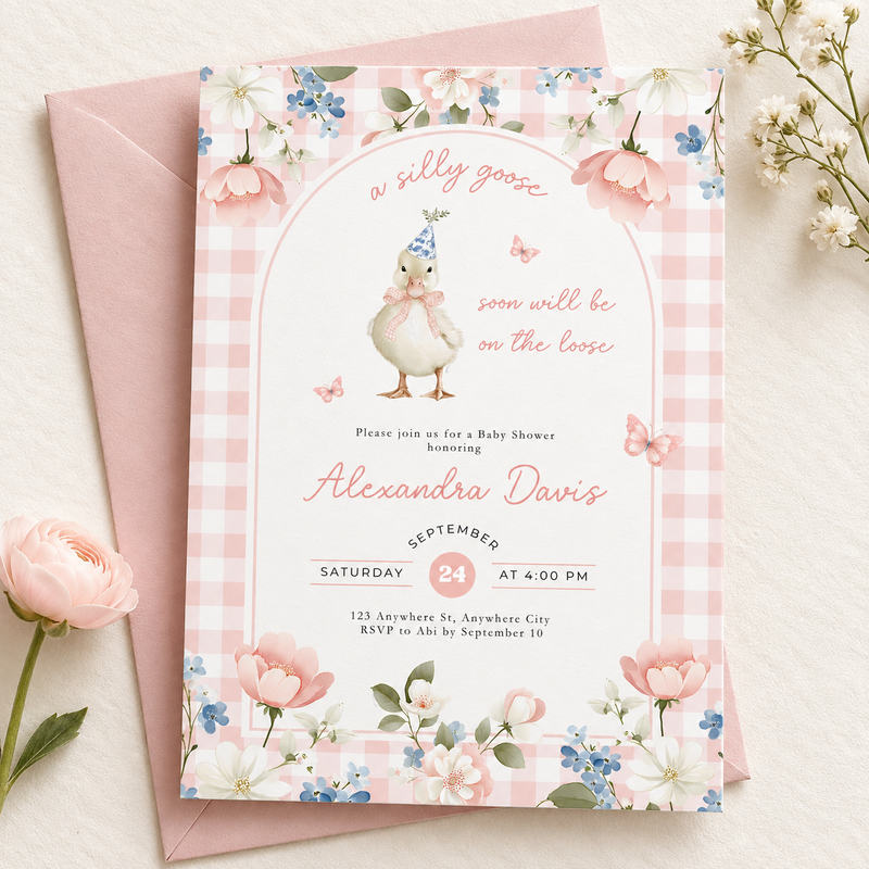 Pink Gingham Silly Goose Baby Shower Invitation L96