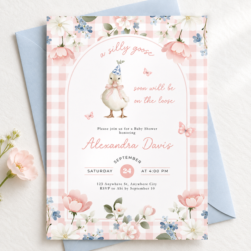 Pink Gingham Silly Goose Baby Shower Invitation L96