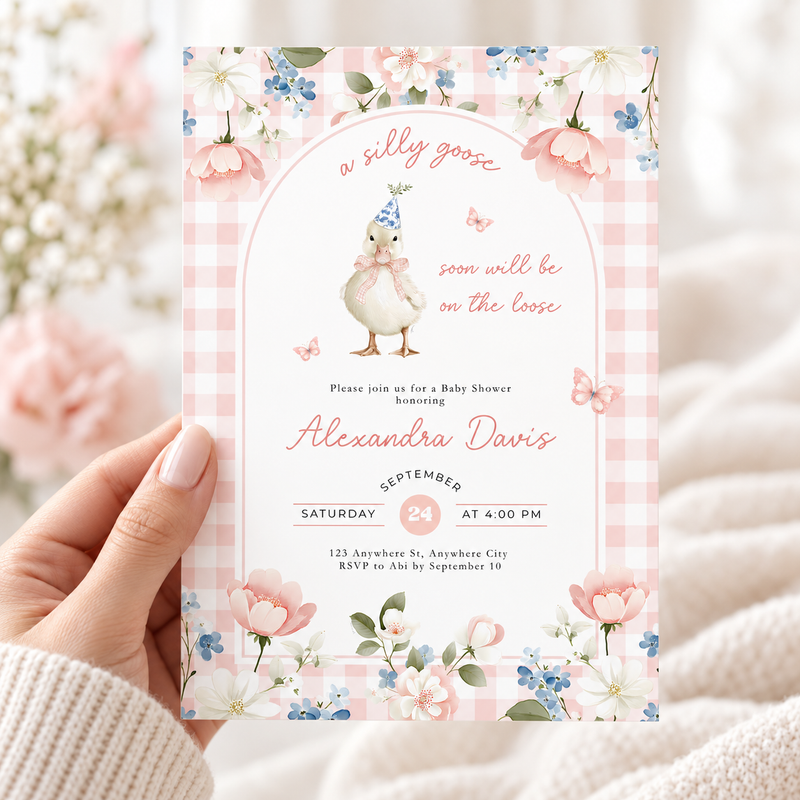 Pink Gingham Silly Goose Baby Shower Invitation L96
