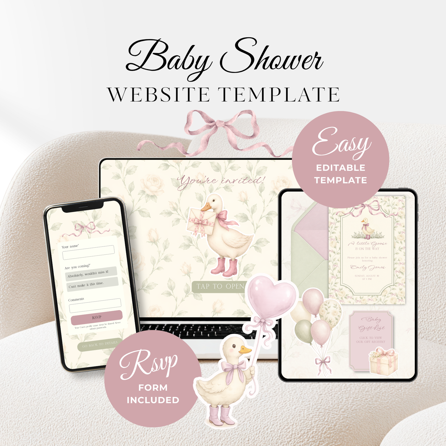 Vintage Floral Little Goose Baby Shower Website Template + RSVP BS150