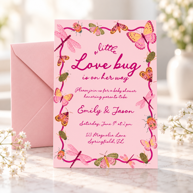 Little Love Bug Baby Shower Invitation Pink BS306