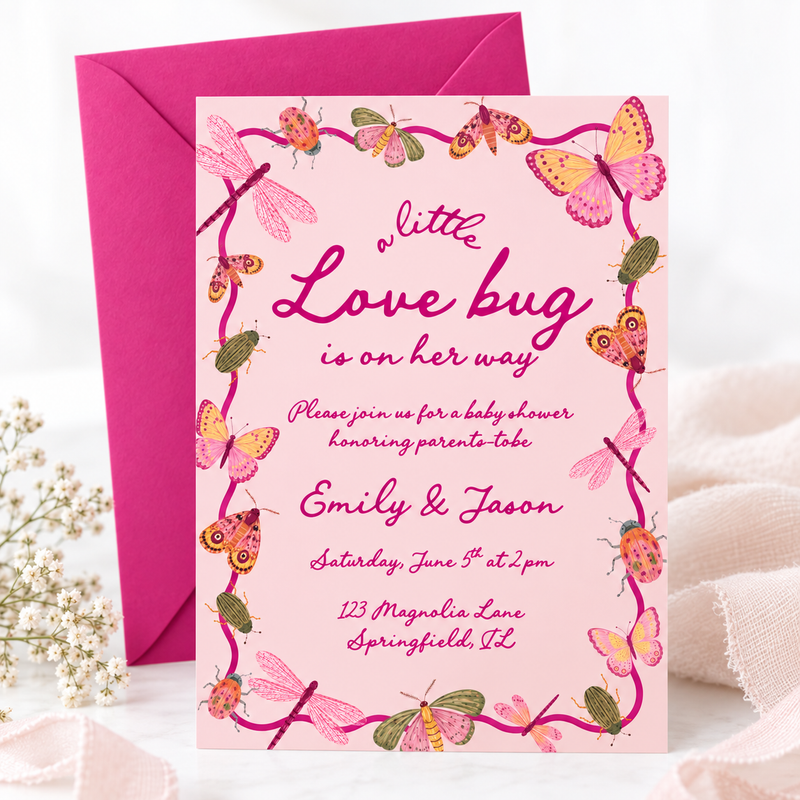 Little Love Bug Baby Shower Invitation Pink BS306
