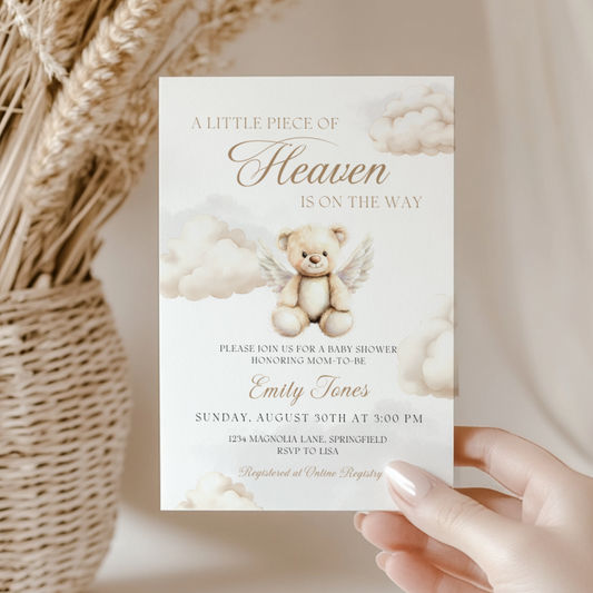 Baby Shower Invitation - Little Piece Of Heaven Bear with Angel Wings BS172